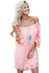 Pink Off The Shoulder 3/4 Sleeve Floral Lace Dress